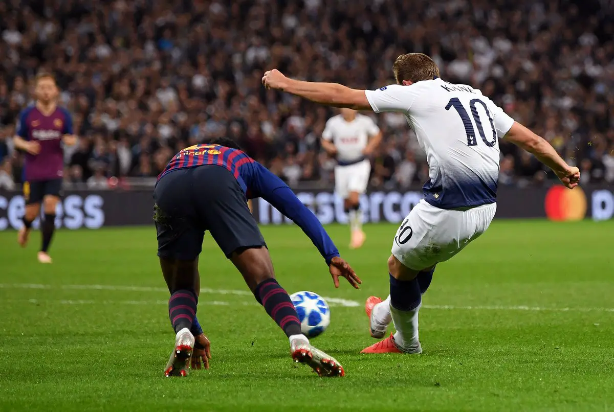 Harry Kane of Tottenham scores against Barcelona