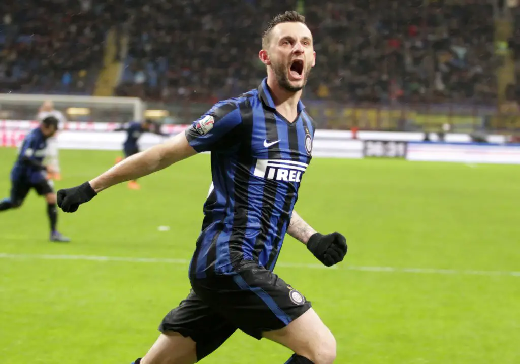 Marcelo Brozovic celebrates scoring a goal for Inter Milan.