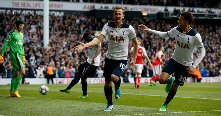 Tottenham striker Harry Kane celebrates against Arsenal