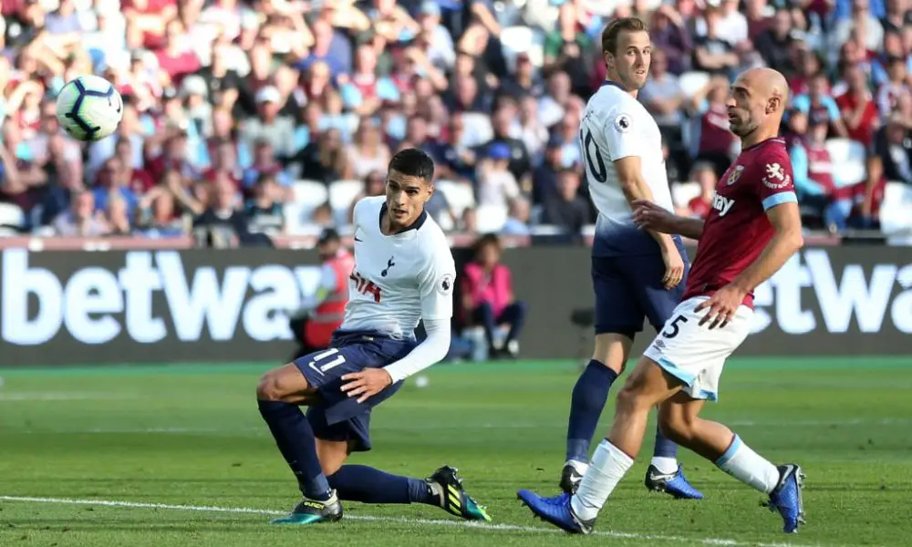 Erik Lamela of Tottenham scores