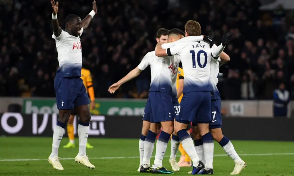Harry Kane celebrates with his Tottenham teammates