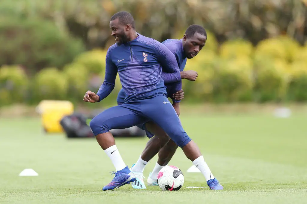 Tanguy Ndombele in training at Tottenham with Moussa Sissoko.