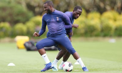Tanguy Ndombele in training at Tottenham with Moussa Sissoko.