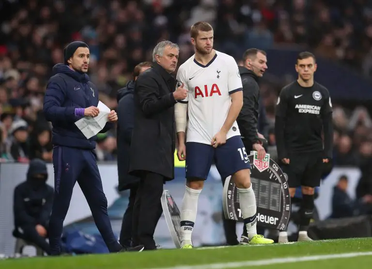 LONDON, ENGLAND - DECEMBER 26: Tottenham Hotspur Manager Jose Mourinho talks with Eric Dier during the Premier League match between Tottenham Hotspur and Brighton & Hove Albion at Tottenham Hotspur Stadium on December 26, 2019 in London, United Kingdom. (Photo by Catherine Ivill/Getty Images)
