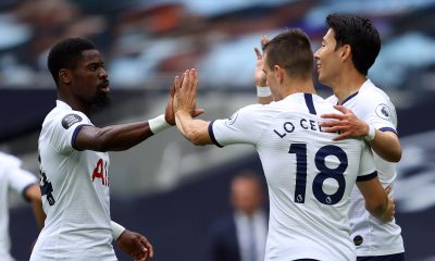 Tottenham Hotspur's Son Heung-min right celebrates scoring a goal with Giovani Lo Celso and Serge Aurier.