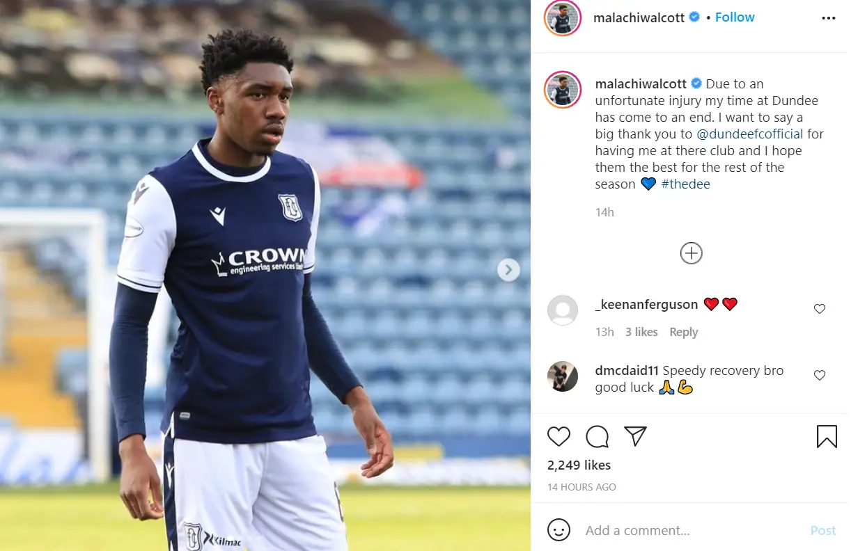 Malachi Fagan-Walcott thanked Dundee United on his social media account. (Image Credits: @malachiwalcott on Instagram)
