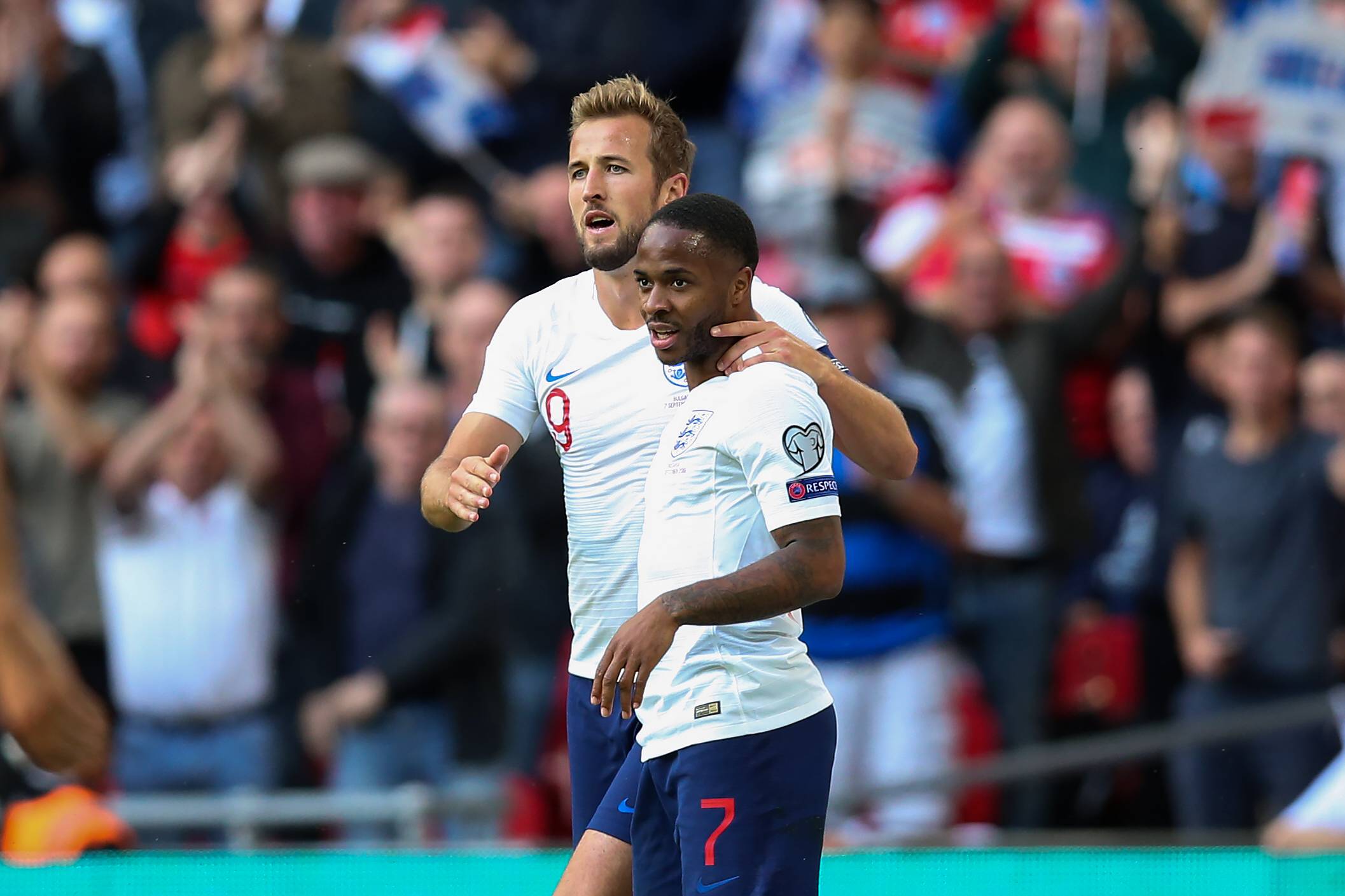 Harry Kane and Raheem Sterling in action for England.