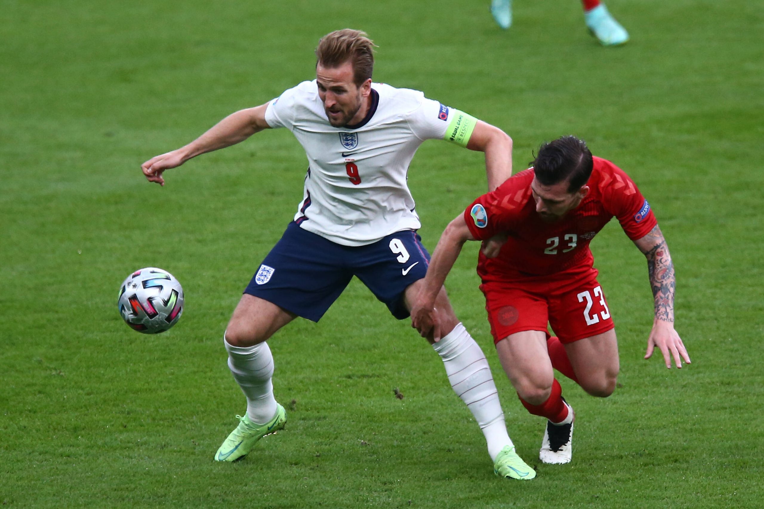 Harry Kane and Pierre-Emile Hojbjerg in action at UEFA Euros 2020.
