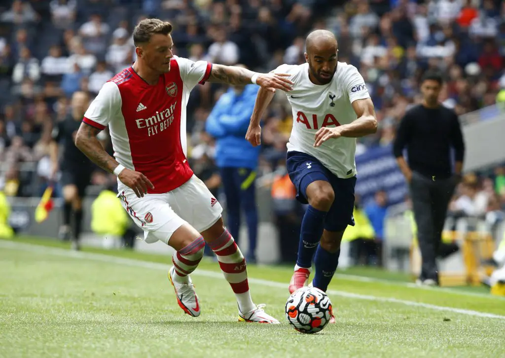 Tottenham Hotspur v Arsenal - The Mind Series L-R Ben White of Arsenal and Tottenham Hotspur s Lucas Moura during The Mind Series between Tottenham Hotspur and Arsenal at Tottenham Hotspur stadium, London, England on 08th August 2021. London England United Kingdom galvin-tottenha210808_npAiQ PUBLICATIONxNOTxINxFRA Copyright: xActionxFotoxSportx