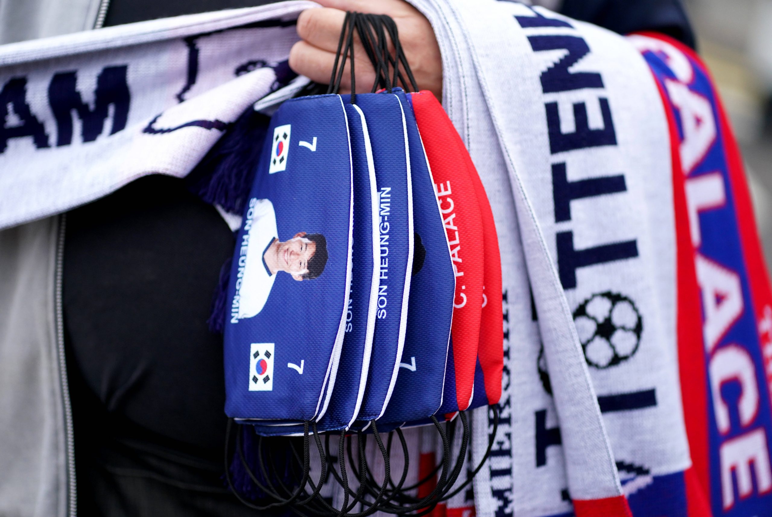 Crystal Palace v Tottenham Hotspur - Premier League - Selhurst Park face masks of Tottenham Hotspur s Son Heung-min for sale before the Premier League match at Selhurst Park, London. Picture date: Saturday September 11, 2021. EDITORIAL USE ONLY No use with unauthorised audio, video, data, fixture lists, club/league logos or live services. Online in-match use limited to 120 images, no video emulation. No use in betting, games or single club/league/player publications. PUBLICATIONxINxGERxSUIxAUTxONLY Copyright: xAdamxDavyx 62335819
