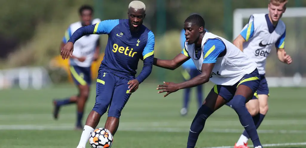 Tanguy Ndombele and Tobi Omole during training session at Tottenham Hotspur Training Centre on September 07, 2021 in Enfield, England. (Photo by Tottenham Hotspur FC/Tottenham Hotspur FC via Getty Images)
