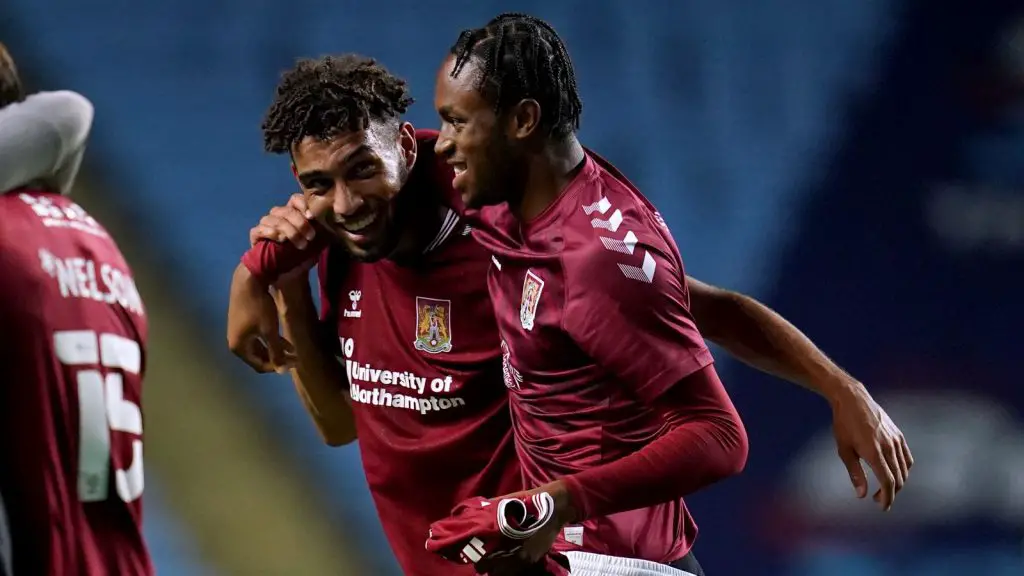 Tottenham Hotspur loanee Kion Etete express his joy after scoring for Northampton FC