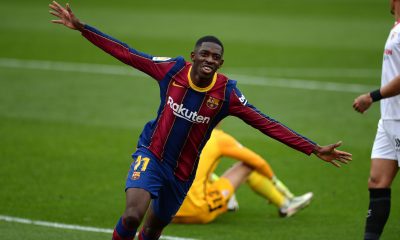 Barcelona's French forward Ousmane Dembele celebrates after scoring a goal (Photo by CRISTINA QUICLER / AFP) (Photo by CRISTINA QUICLER/AFP via Getty Images)