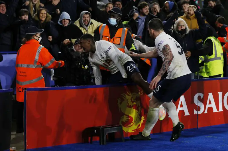 Tottenham Hotspur star Steven Bergwijn celebrates scoring for Spurs along with Pierre-Emile Hojbjerg
