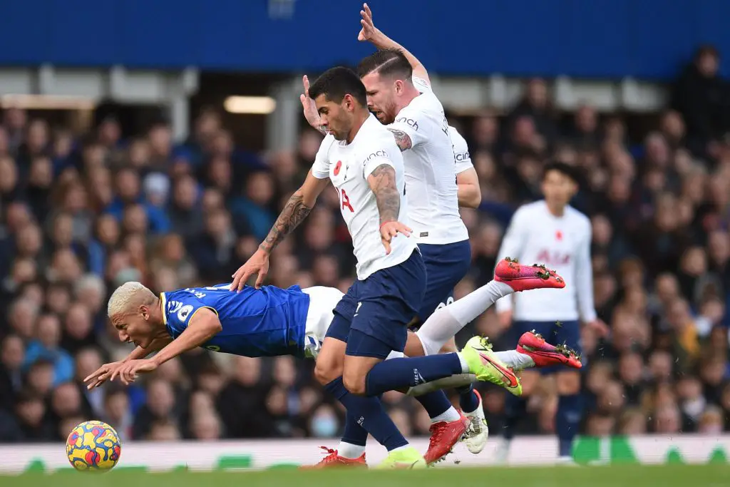 Richarlison in action against Tottenham. (Photo by OLI SCARFF/AFP via Getty Images)