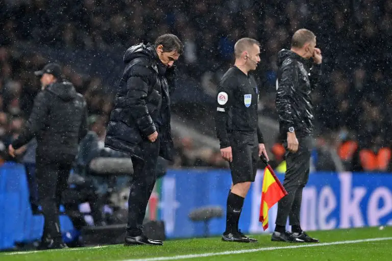 Antonio Conte watches from the sidelines. (Photo by GLYN KIRK/AFP via Getty Images)