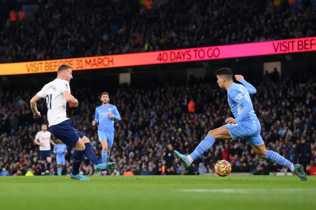 Dejan Kulusevski of Tottenham Hotspur while scoring their team's first goal for Tottenham Hotspur at Etihad Stadium. (Photo by Laurence Griffiths/Getty Images)