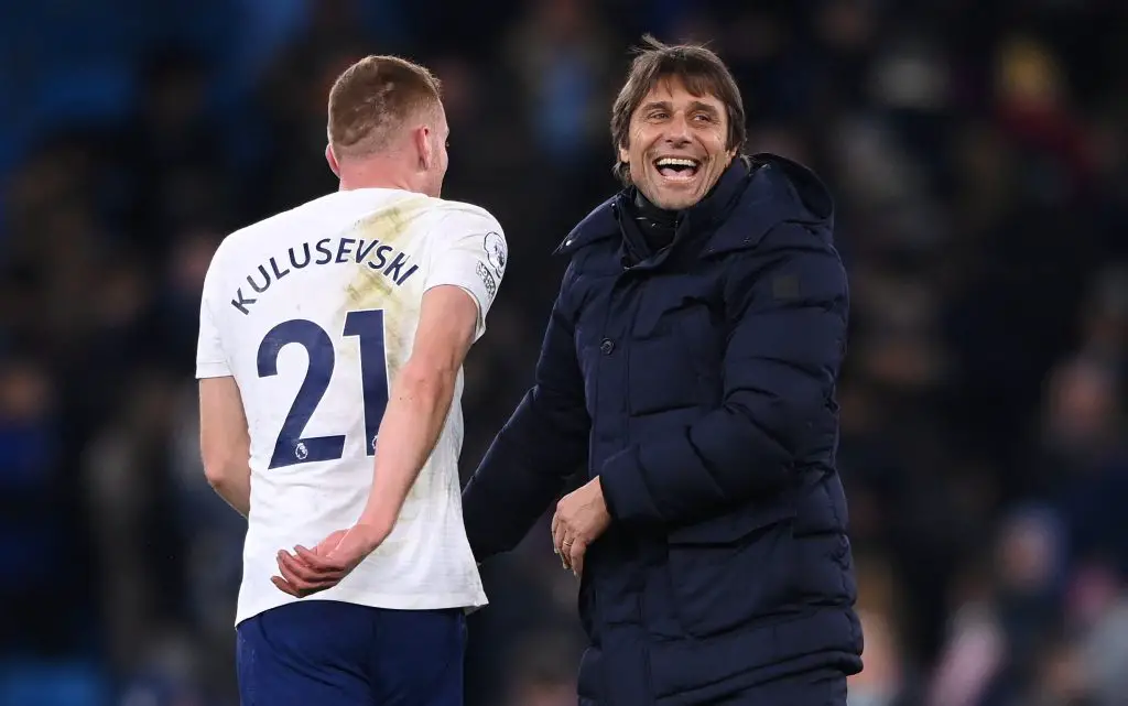 Antonio Conte with Dejan Kulusevski of Tottenham. (Photo by Stu Forster/Getty Images)