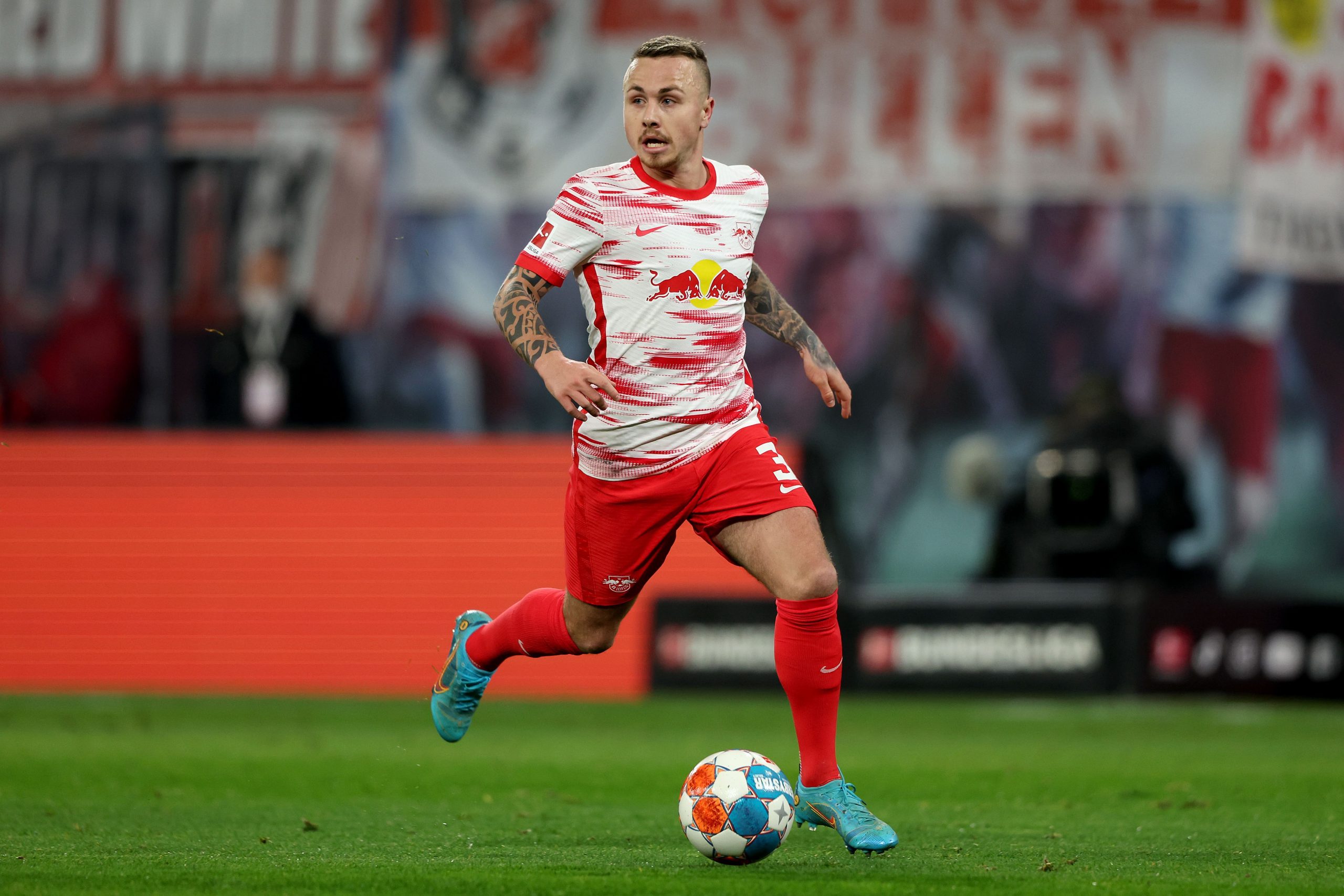 Jose Angelino of Leipzig runs with the ball for RB Leipzig. (Photo by Alexander Hassenstein/Getty Images)