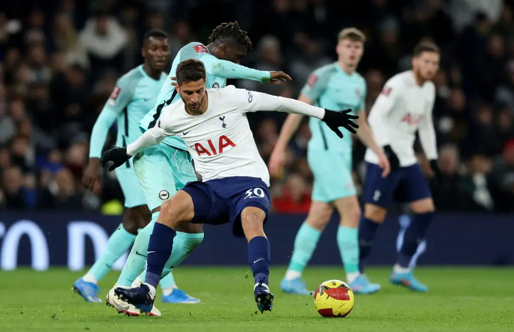 Rodrigo Bentancur of Tottenham Hotspur and Yves Bissouma of Brighton battle for the ball. (Photo by Paul Harding/Getty Images)