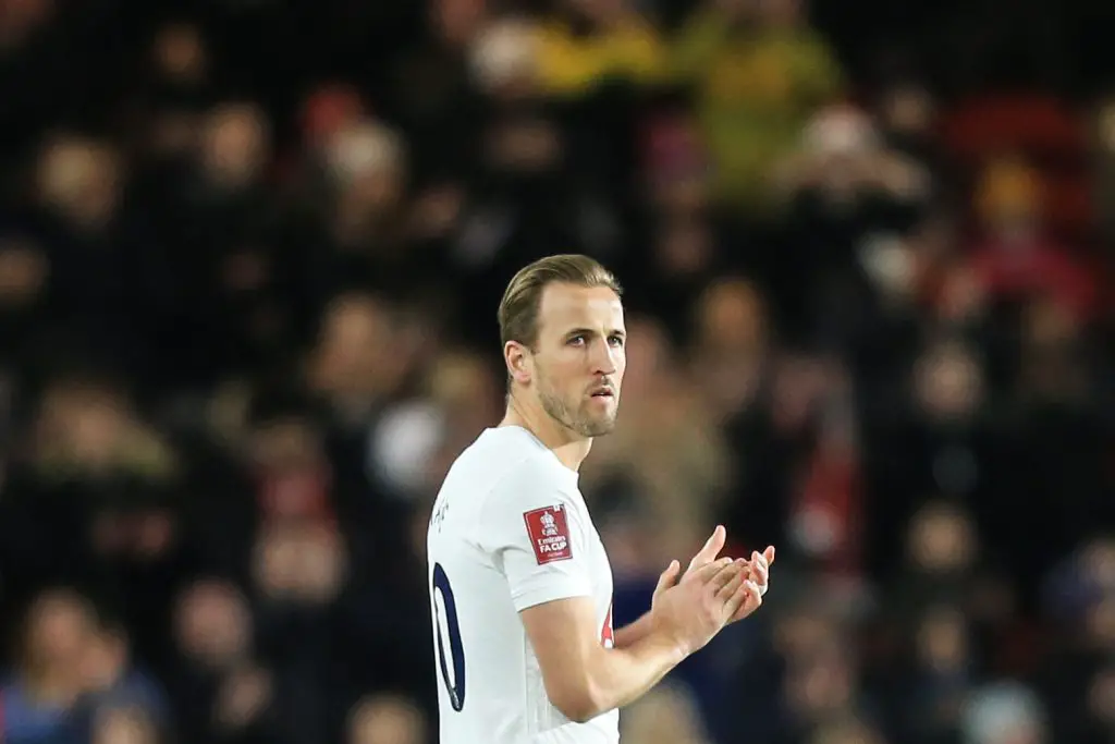 Harry Kane eyed by Manchester United for a summer move. (Photo by LINDSEY PARNABY/AFP via Getty Images)