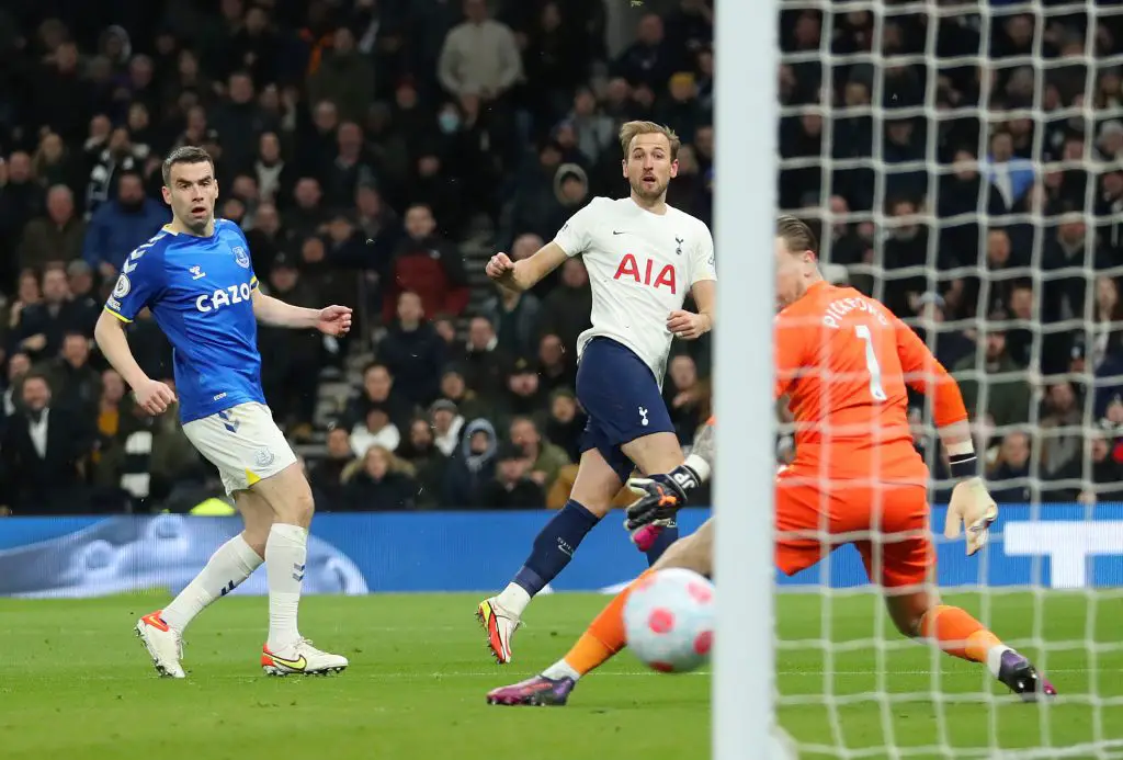 Tottenham Hotspur striker Harry Kane reacts to overtaking Thierry Henry in Premier League all-time list . (Photo by James Chance/Getty Images)