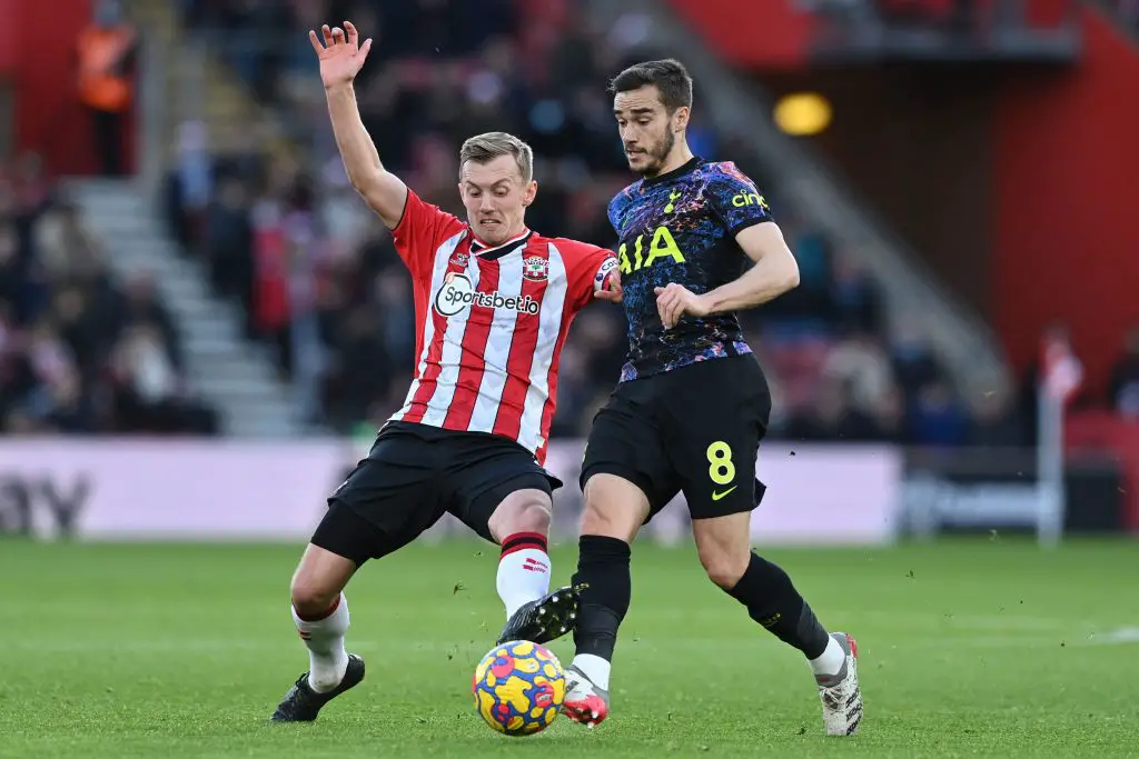 Harry Winks in action for Tottenham Hotspur against James Ward-Prowse of Southampton. 