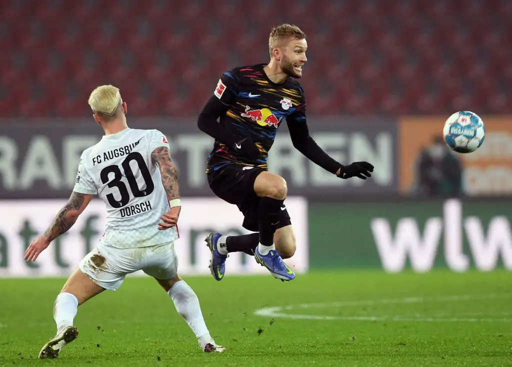 Konrad Laimer in action for Leipzig. (Photo by CHRISTOF STACHE/AFP via Getty Images)