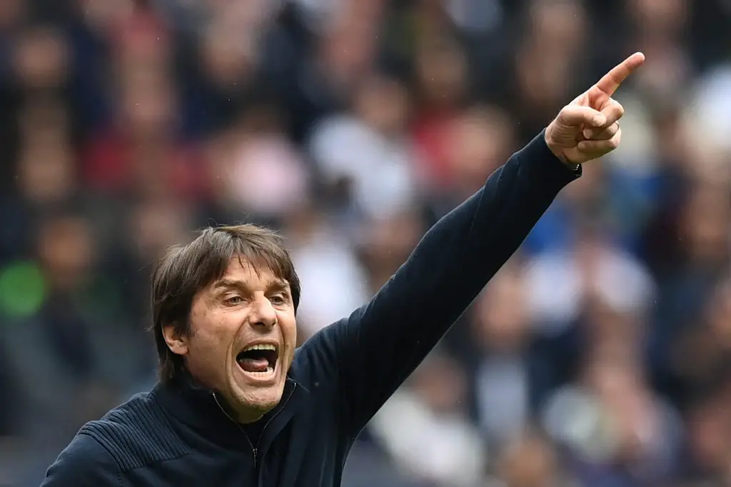 Tottenham Hotspur's Italian head coach, Antonio Conte, reacts during the PL game against Leicester City. (Photo by GLYN KIRK/AFP via Getty Images)
