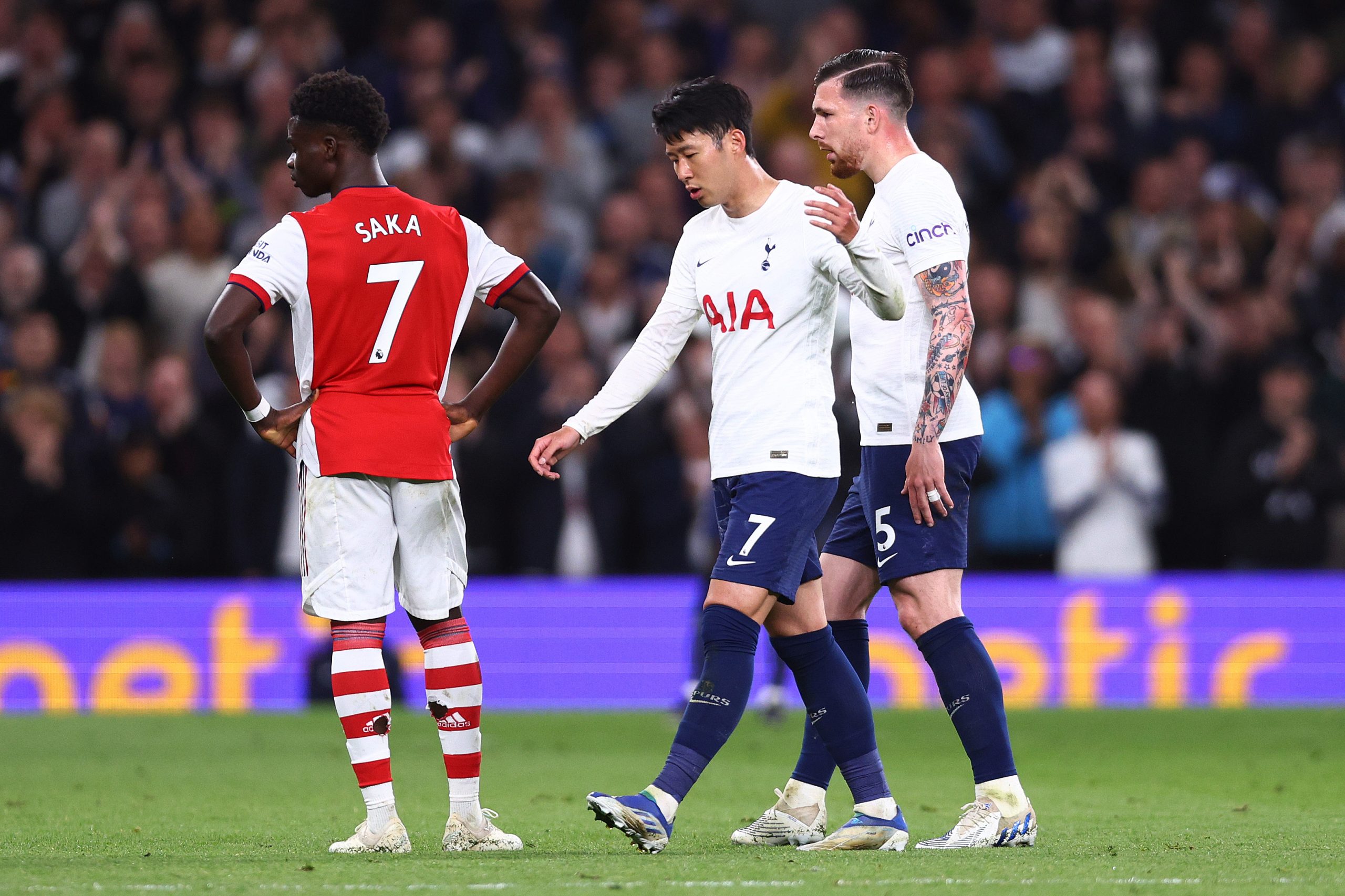 Son Heung-Min looks dejected for getting called for substitution. (Photo by Clive Rose/Getty Images)