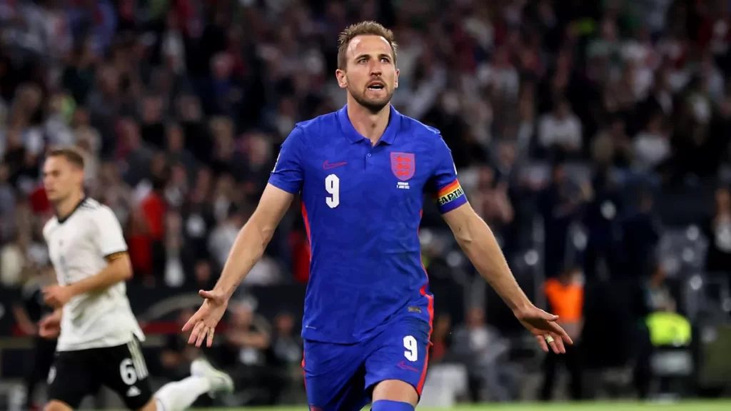 Tottenham striker Harry Kane celebrates 50th England goal.