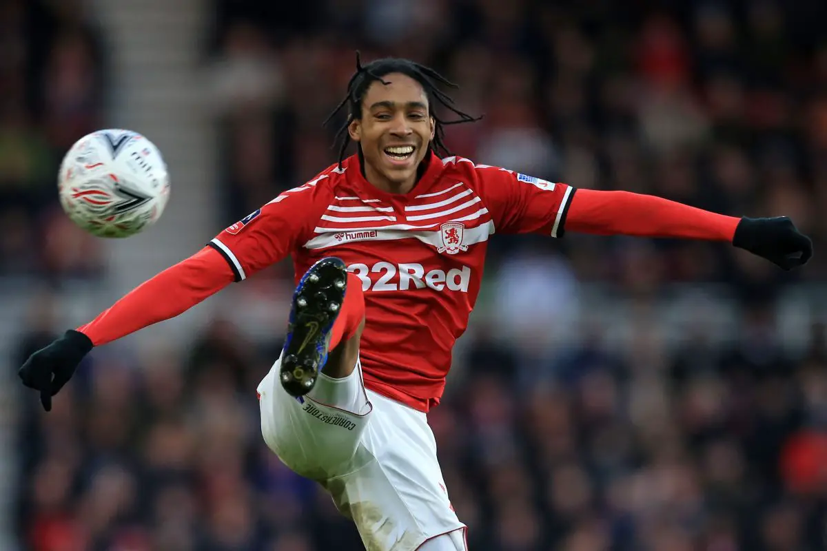 Djed Spence controls the ball during the English FA cup match between Middlesbrough and Tottenham Hotspur.