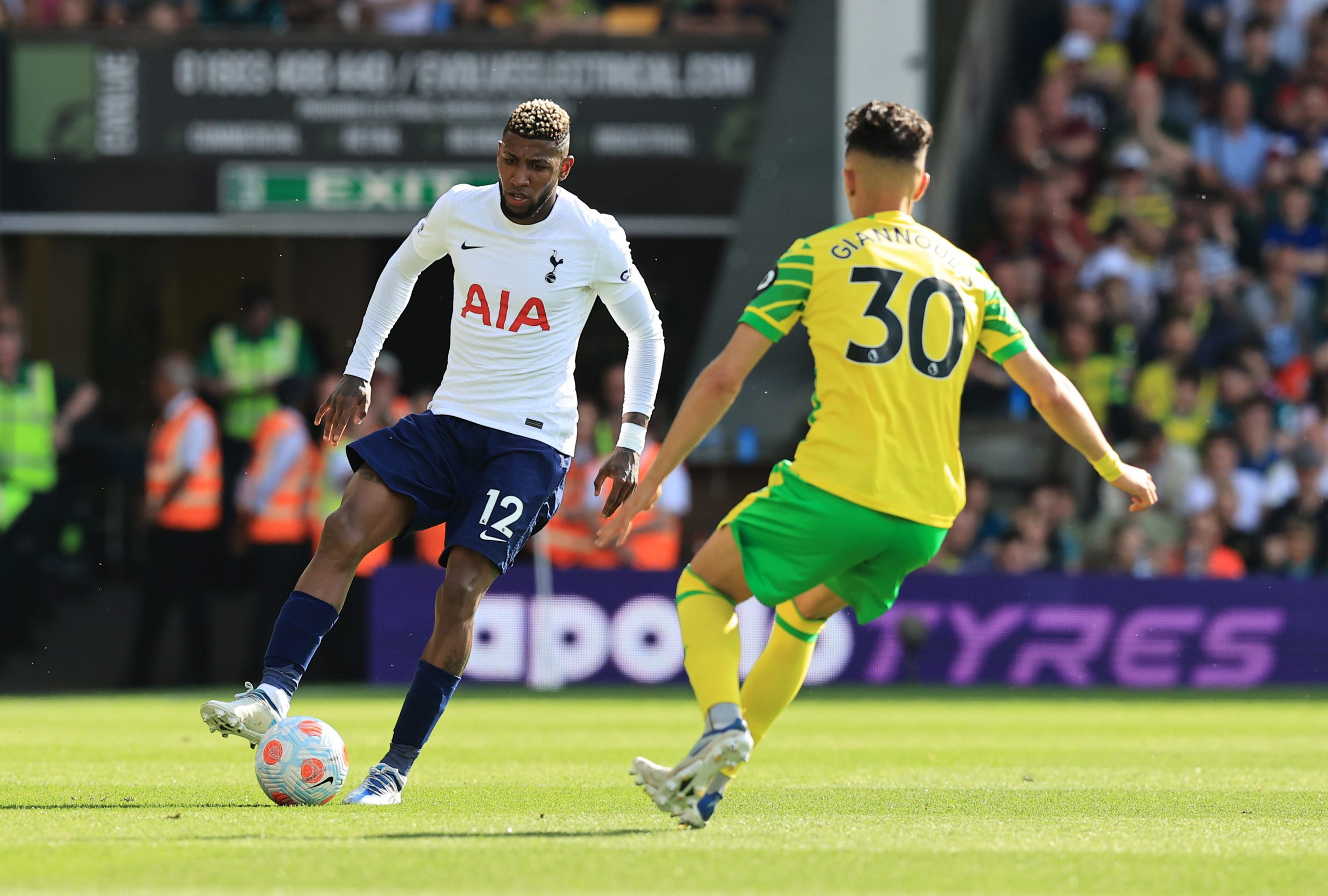 Emerson Royal of Tottenham Hotspur in action against Norwich City.