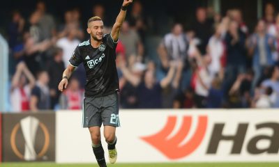 Hakim Ziyech celebrates after scoring a goal for Ajax. (Photo by MIGUEL RIOPA/AFP via Getty Images)