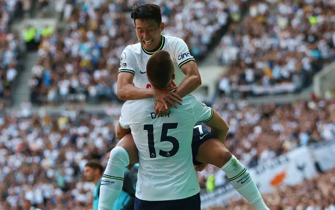 Son Heung-min and Eric Dier celebrate a Tottenham Hotspur goal against Southampton. (Image: Official Spurs Twitter)