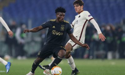 Mohammed Kudus of Ajax is challenged by Gonzalo Villar of Roma.