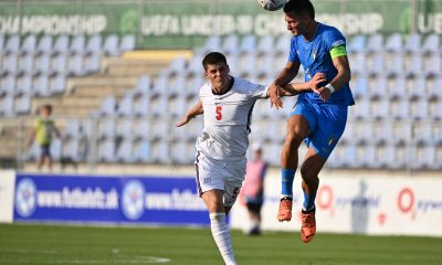 Italy's defender Diego Coppola (R) and England's defender Ronnie Edwards vie during the UEFA Under-19 European Championship semi-final.