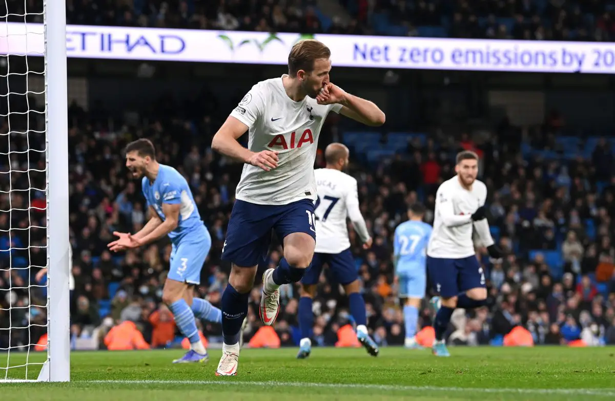 Harry Kane of Tottenham Hotspur celebrates after scoring against Manchester City. 