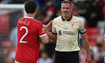 Gary Neville of Manchester United with Jamie Carragher during the Legends of the North match.