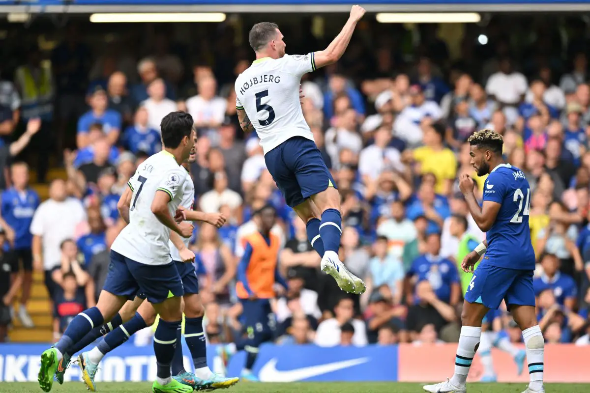 Pierre-Emile Hojbjerg celebrates after scoring against Chelsea.