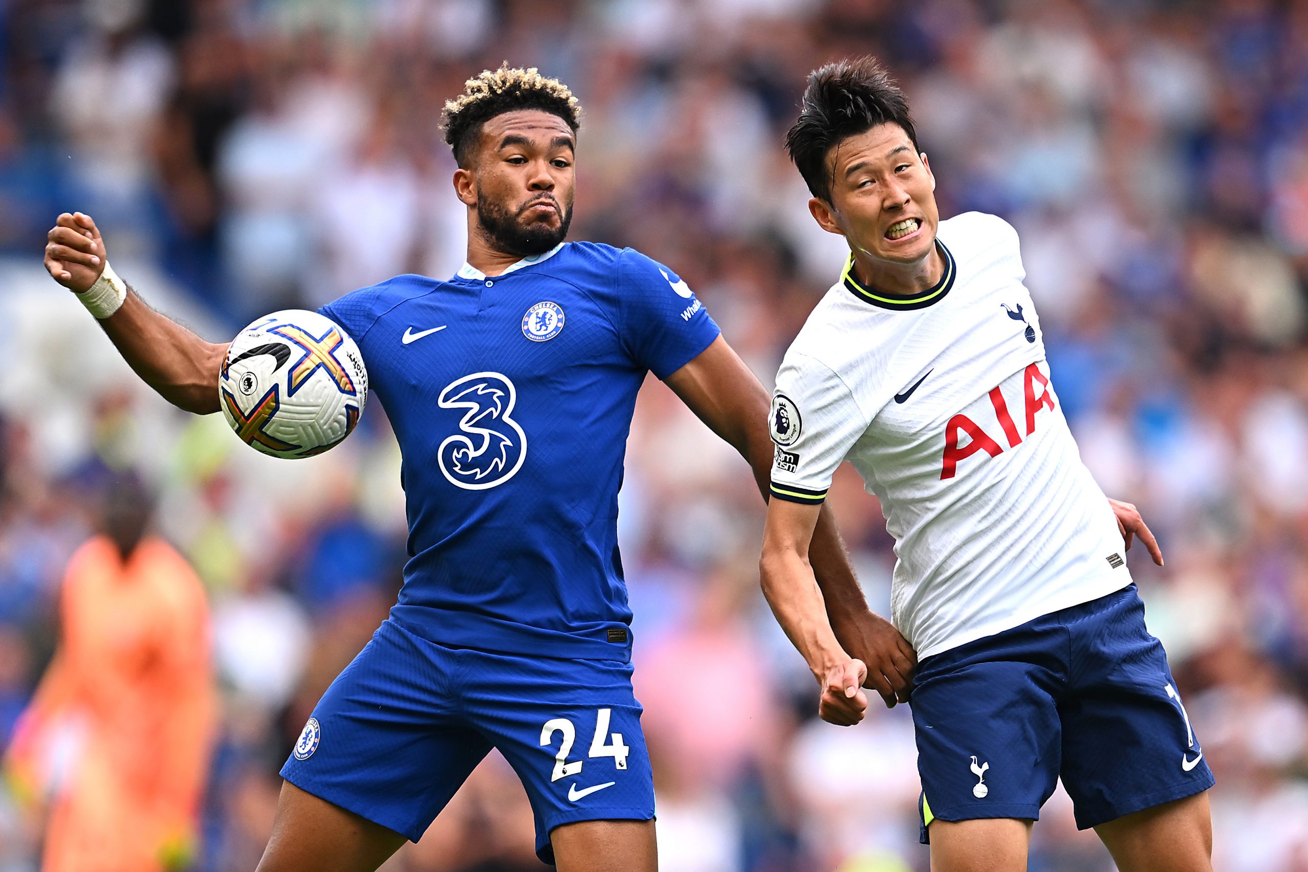 Reece James of Chelsea battles for possession with Son Heung-Min of Tottenham Hotspur.