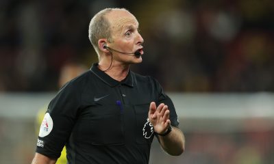 Mike Dean reacts during the Premier League match between Watford and Everton.