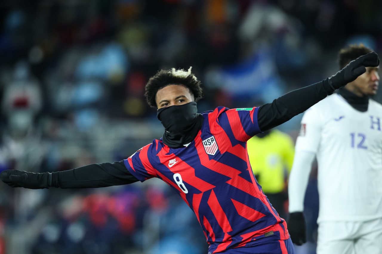 ST. PAUL, MN - FEBRUARY 02: Weston McKennie #8 of the United States celebrates after scoring a goal against Honduras in the first half of a World Cup Qualifying game at Allianz Field on February 2, 2022 in St. Paul, Minnesota. The United States defeated Honduras 3-0. (Photo by David Berding/Getty Images)