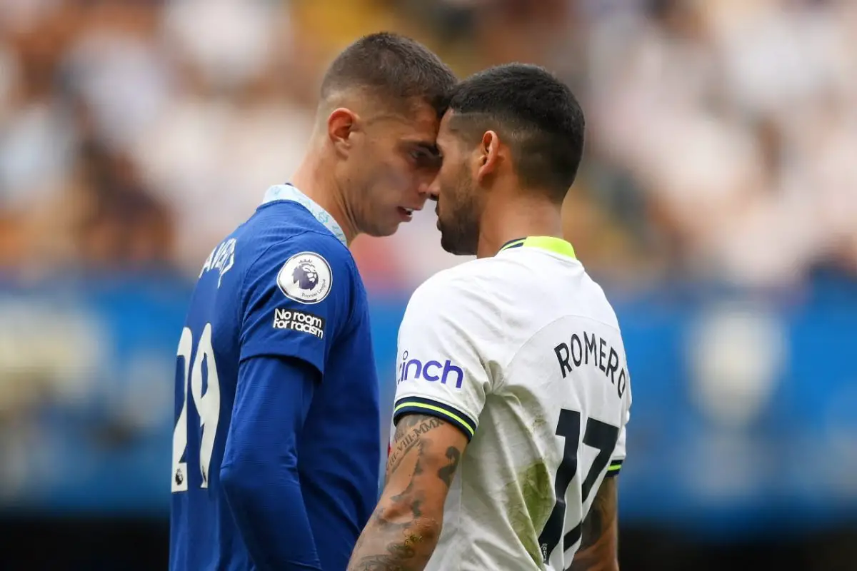 Kai Havertz of Chelsea clashes with Cristian Romero of Tottenham Hotspur. (Photo by Shaun Botterill/Getty Images)
