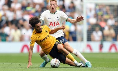 Rayan Ait-Nouri of Wolverhampton Wanderers is tackled by Dejan Kulusevski of Tottenham Hotspur.