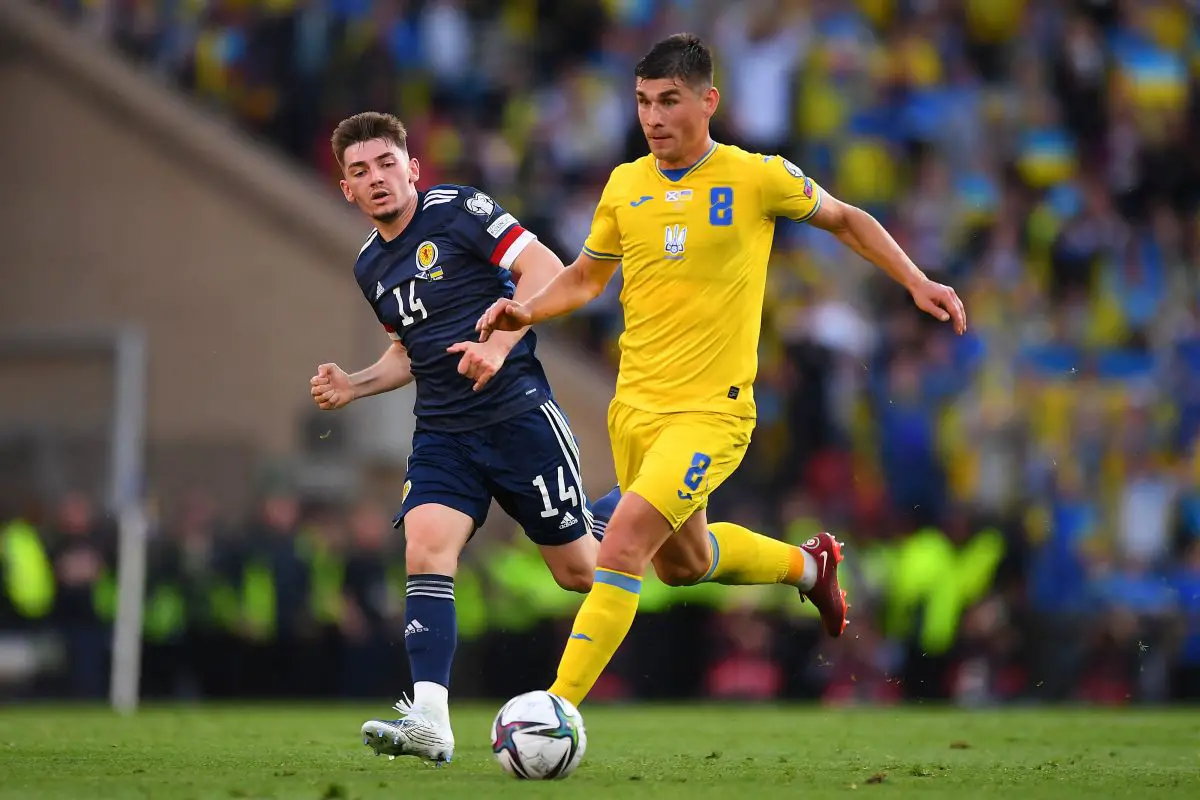 Billy Gilmour vies with Ruslan Malinovskyi during the FIFA World Cup 2022 play-off semi-final qualifier between Scotland and Ukraine. 