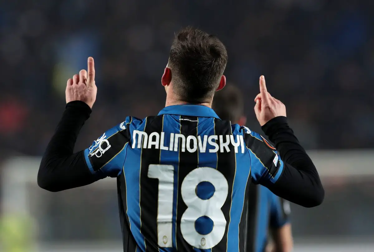 Ruslan Malinovskyi of Atalanta BC celebrates after scoring against Bayer Leverkusen.