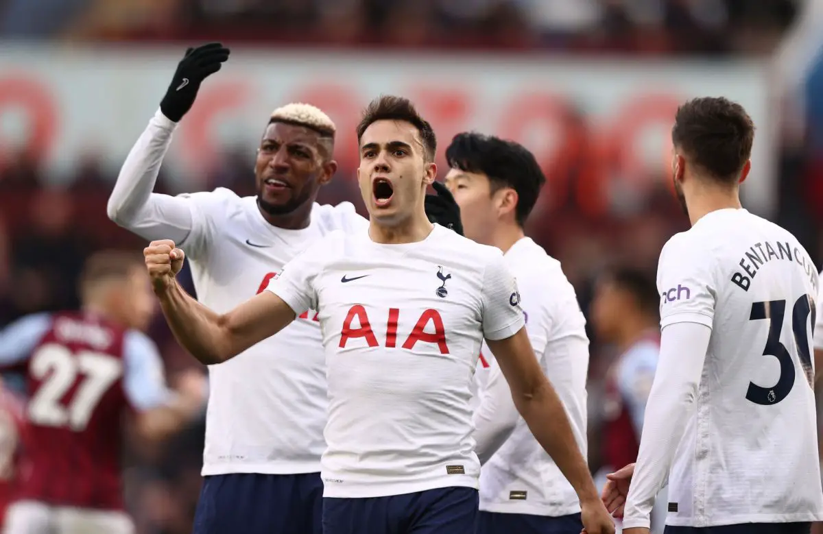 Emerson Royal, Sergio Reguilon, and Rodrigo Bentancur celebrate a Tottenham goal. 