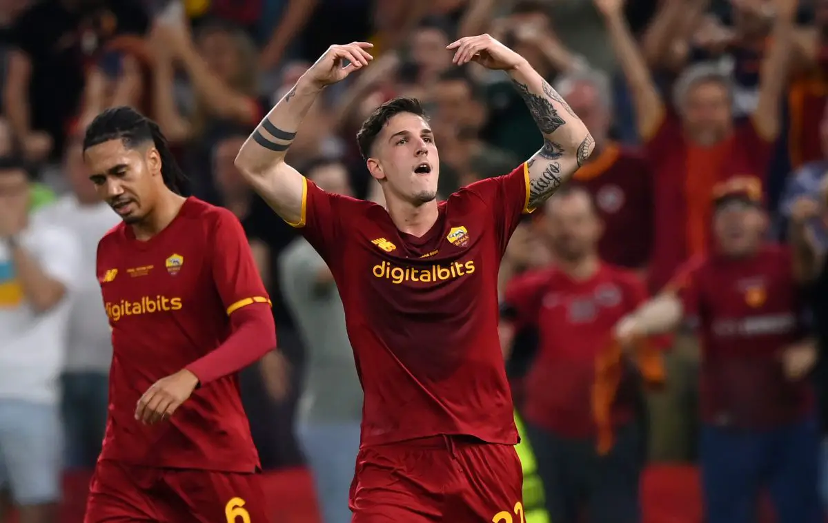 Nicolo Zaniolo of AS Roma celebrates after scoring during the UEFA Conference League final.