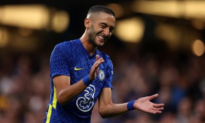 Hakim Ziyech reacts during a match between Chelsea and Tottenham Hotspur at Stamford Bridge. (Photo by Catherine Ivill/Getty Images)